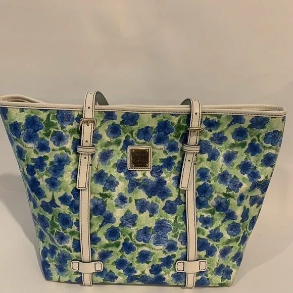 Dooney & Bourke Blue Floral Coated Canvas Tote Shoulder Bag White Trim - Picture 2 of 14